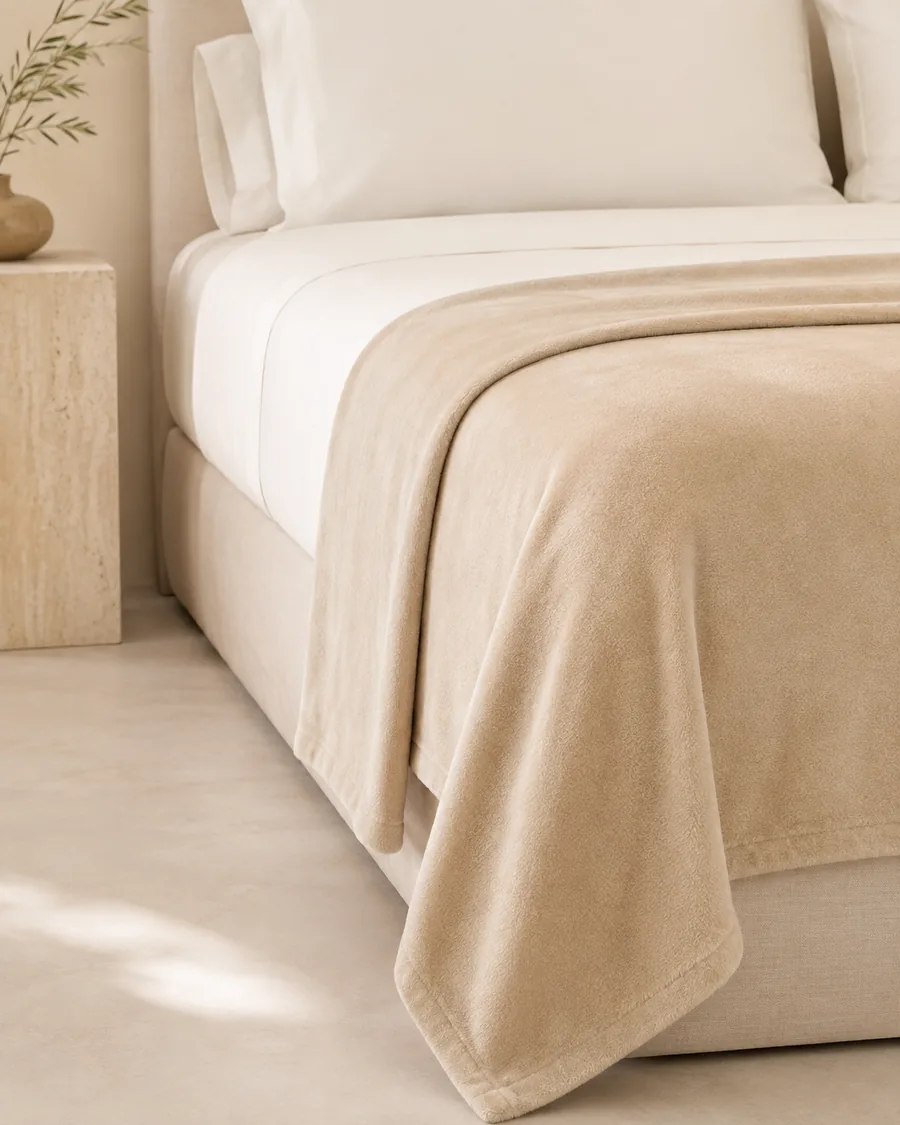 Frazada polar color beige tendida sobre la cama